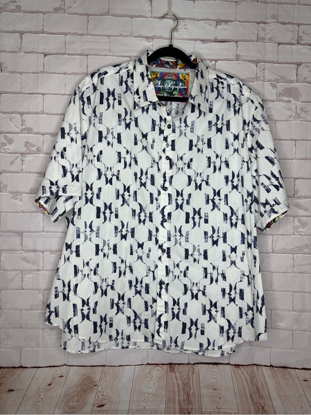 Robert Graham Men’s 4XL Short Sleeve Shirt White Navy Abstract Print 100% Cotton